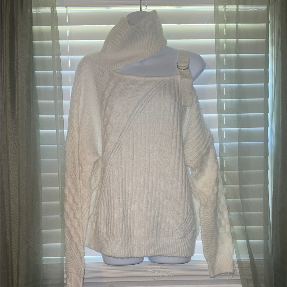 Sweet & Sinful white sweater with cut out neck and cold shoulder detail